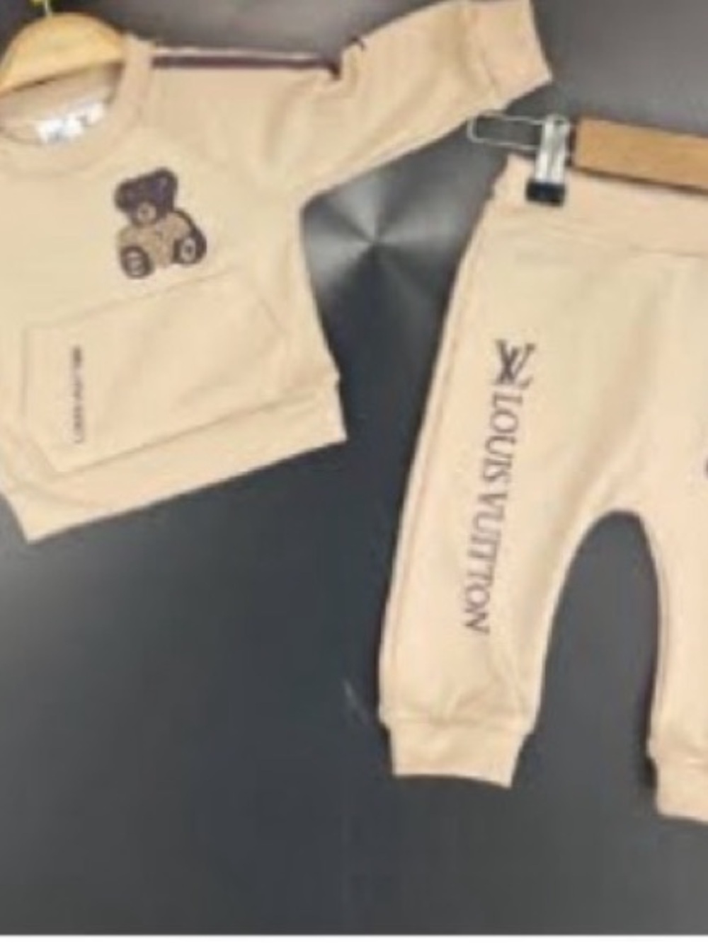 Kids Beige Matching Set with Bear Graphic -